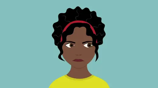 An illustration of a woman with curly hair and a red headband.