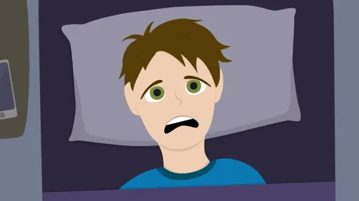 A cartoon man lies awake at night, his face etched with worry.