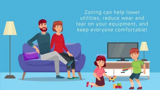 Cartoon image of a family in their living room; two kids play on the floor, while the parents sit on the couch.