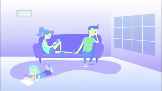 A cartoon of a family with two parents and a child in a living room is depicted.