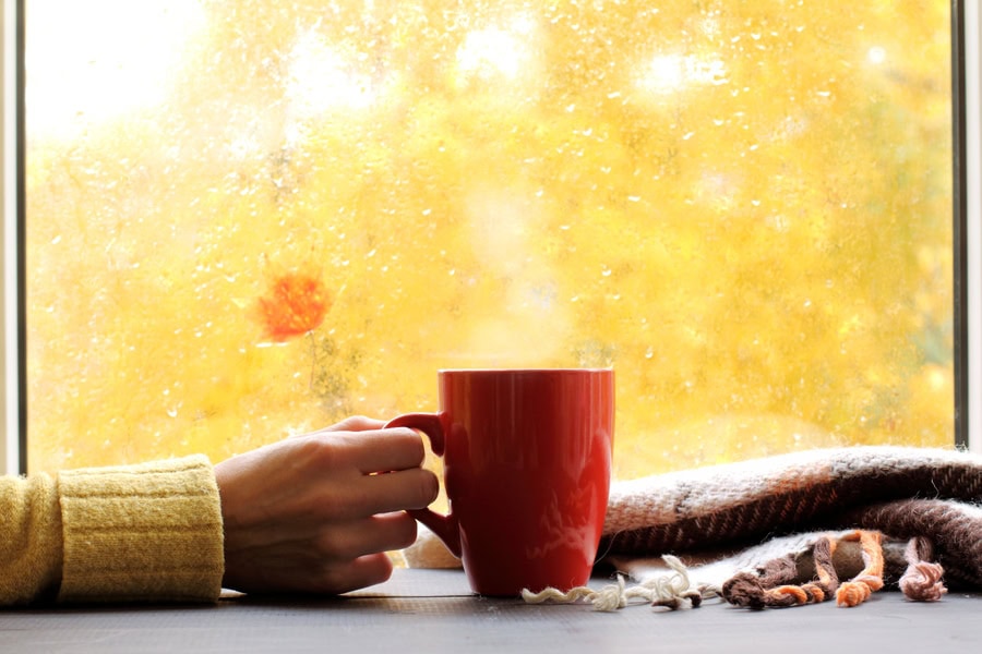 red mug of hot drink, when behind a window is rain in autumn in Washington, PA